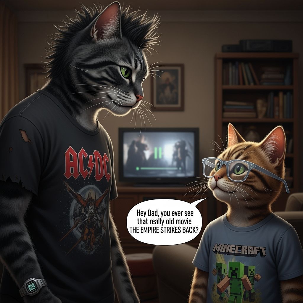 Humorous Cats: Dad and Son Watching The Empire Strikes Back