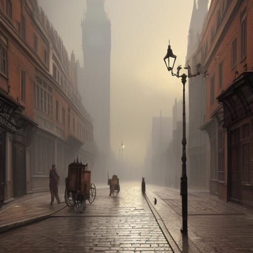 Misty London Street Scene in Detailed Matte Painting