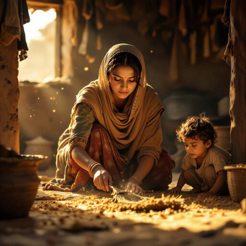 Young Halima Biwi Sweeping Floors in Golden Hour Light