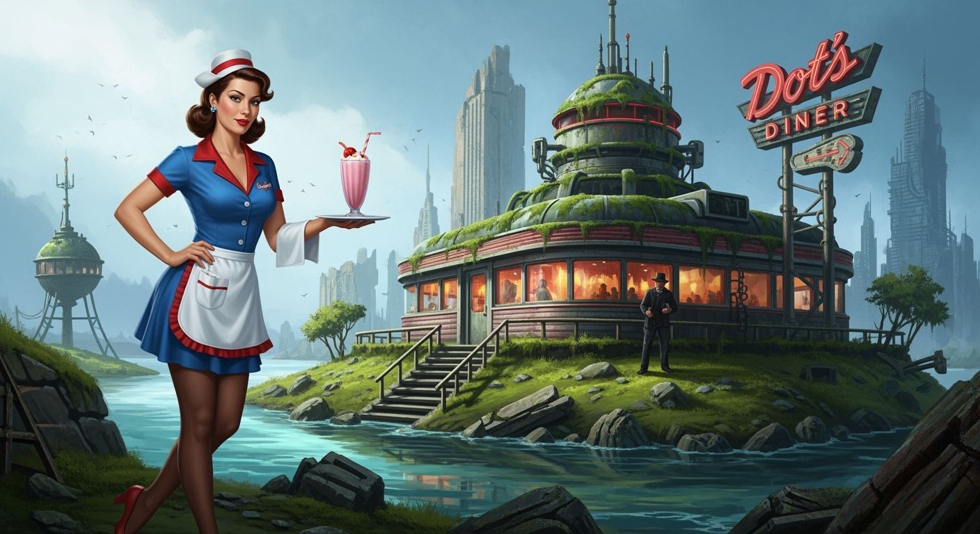 Atompunk Waitress in Crumbling Diner: Raygun Gothic Art