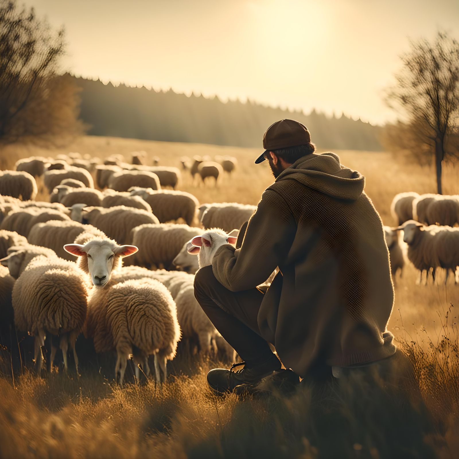 Shepherd Drawing Sheep in Field: Cinematic Film Still