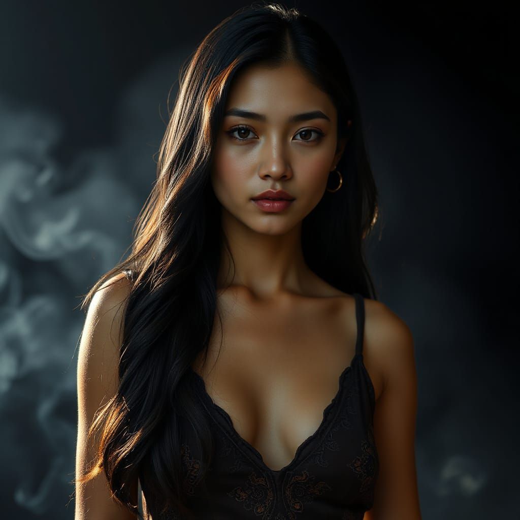 Photorealistic Filipina Woman in Bohemian Dress with Dramati...