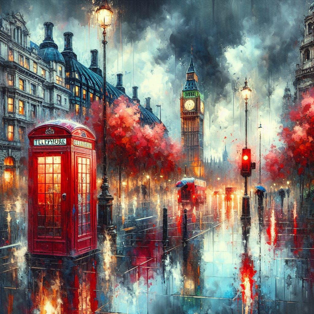 London Street Scene with Red Telephone Booth at Sunset