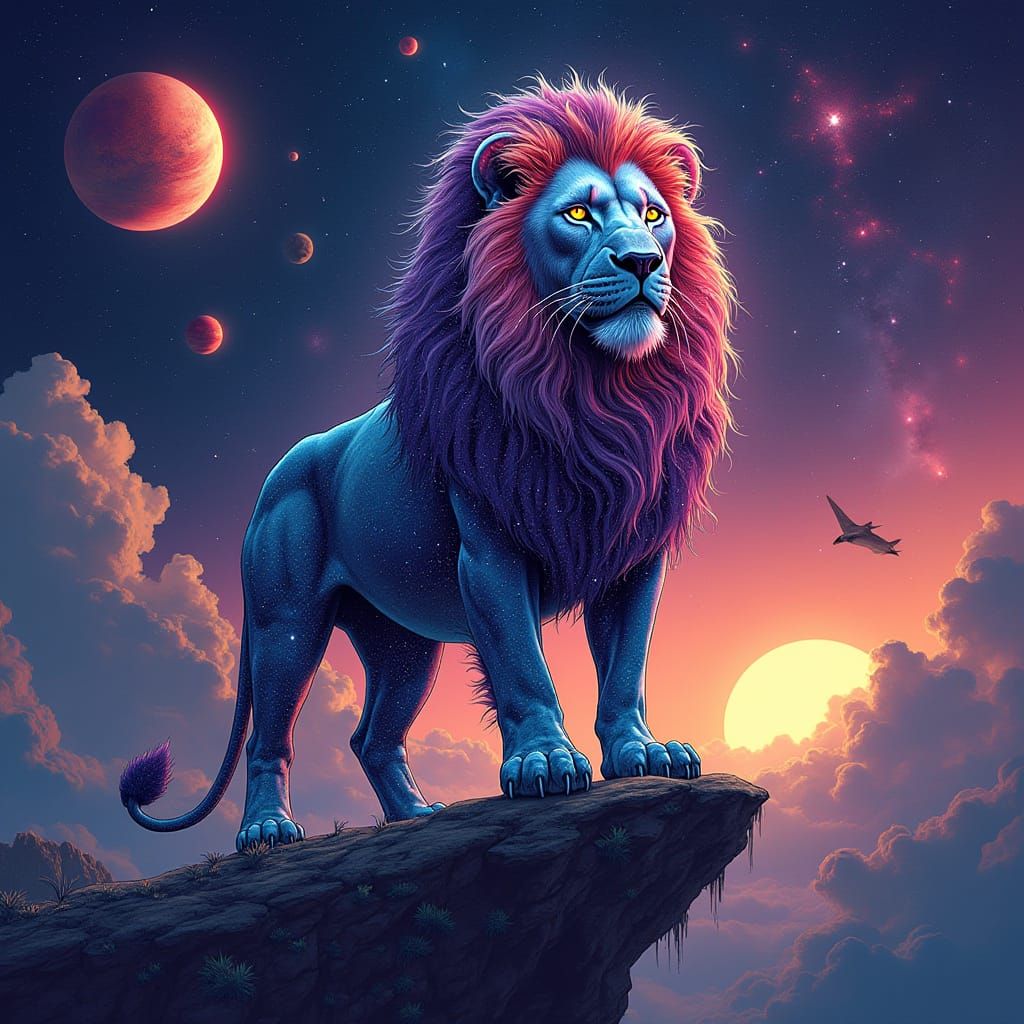 Cosmic Lion on Floating Island: Surreal Digital Art