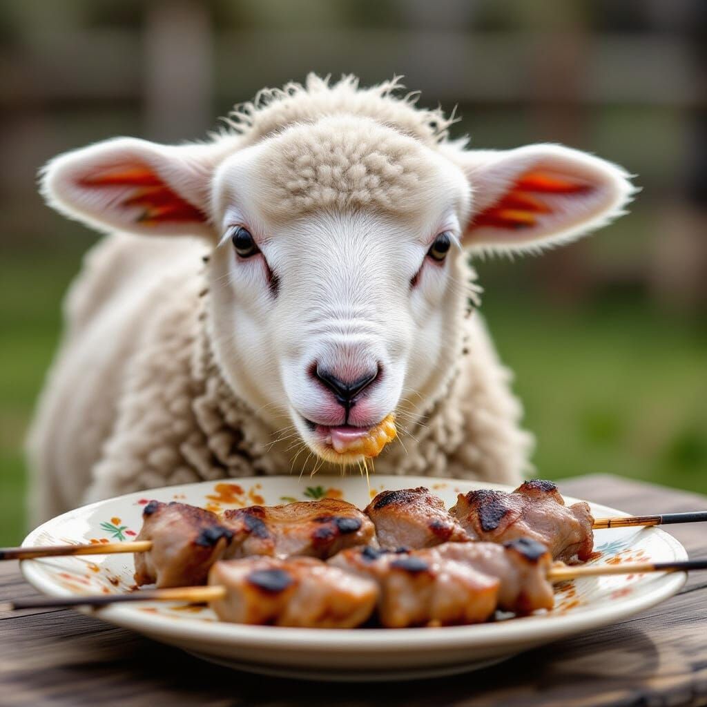 Scared Lamb Eating Shashlik with Tears