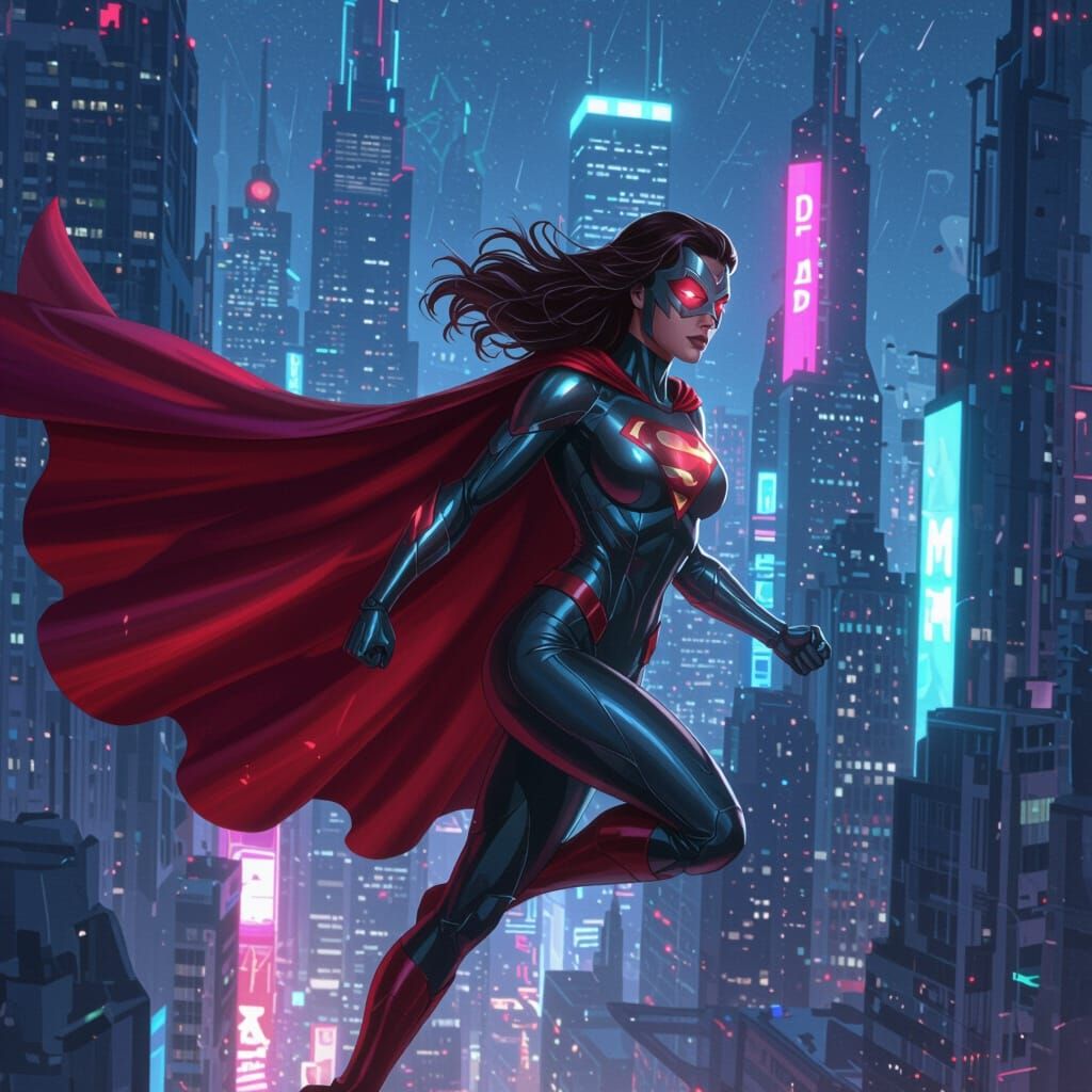 Female Superhero "M" Soars Through Futuristic Cityscape