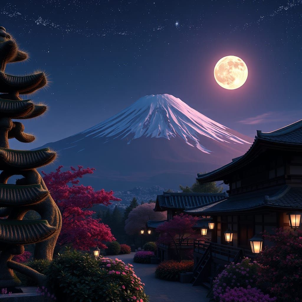Mount Fuji at Night in Anime Style