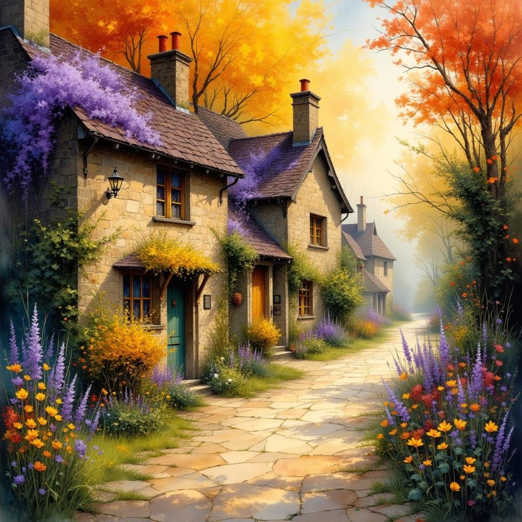 Enchanting English Village in Acrylic Gouache Style