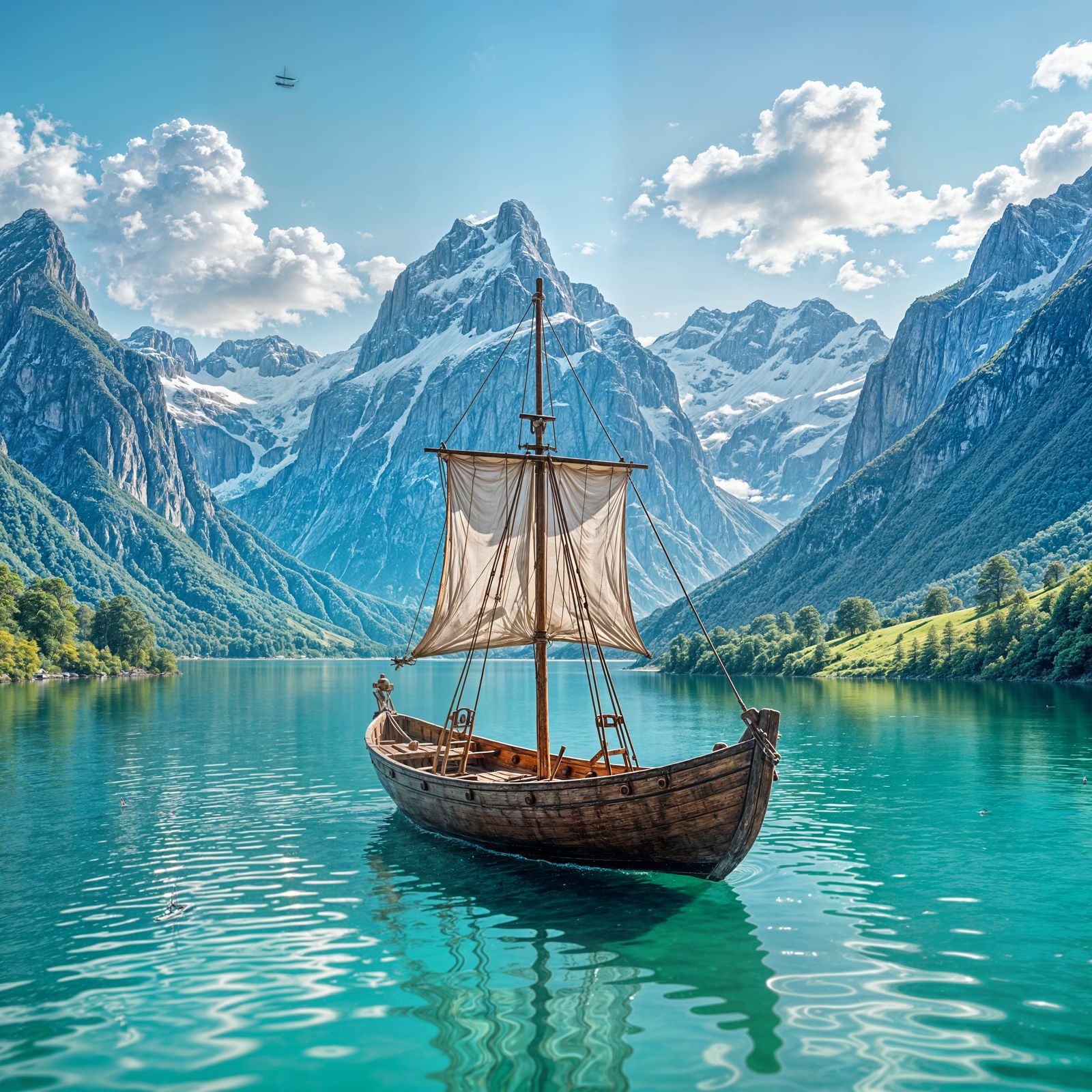Miniature Wooden Ship on Water, Beautiful Landscape