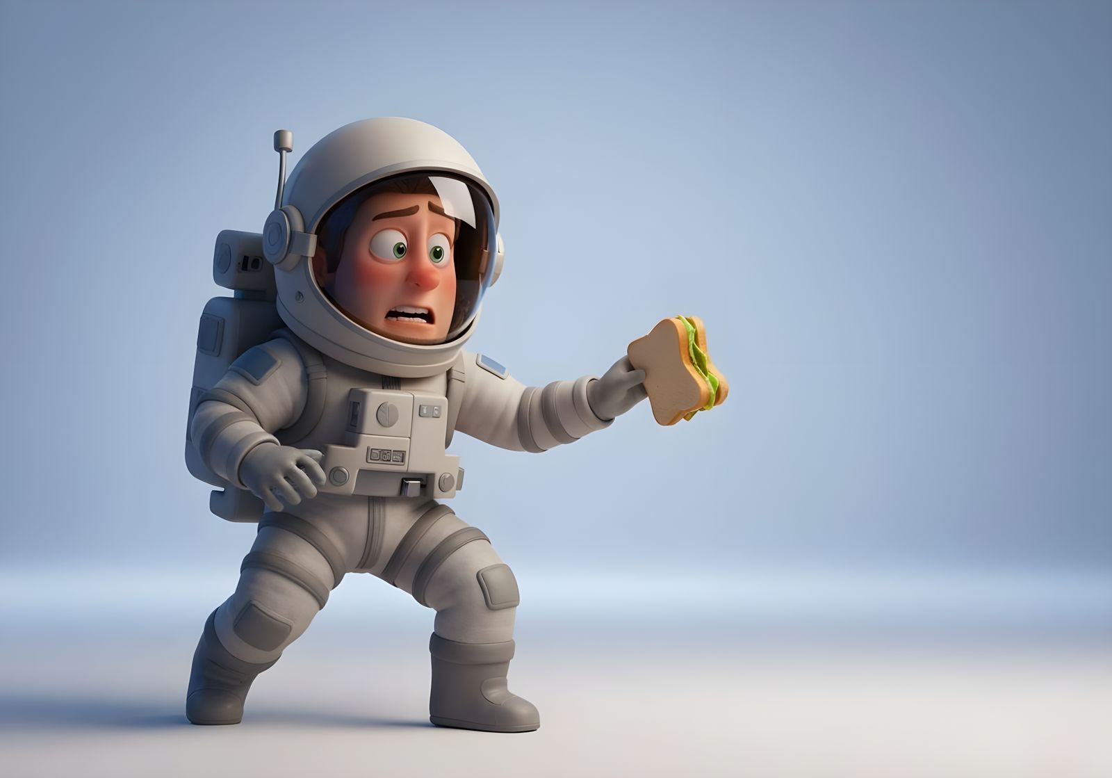 Pixar Style Astronaut Fumbles Sandwich in Zero Gravity
