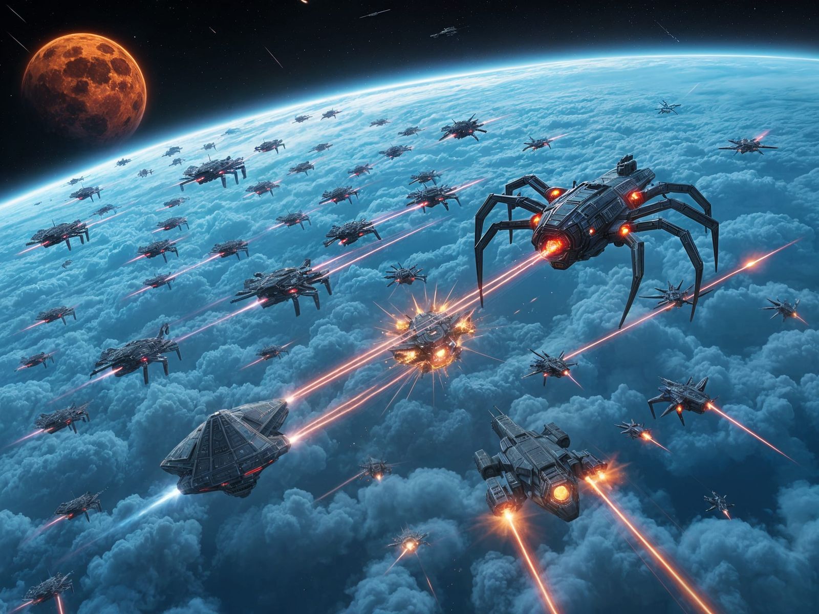 Epic Space Battle over Algae Planet in Retro Sci-Fi Style