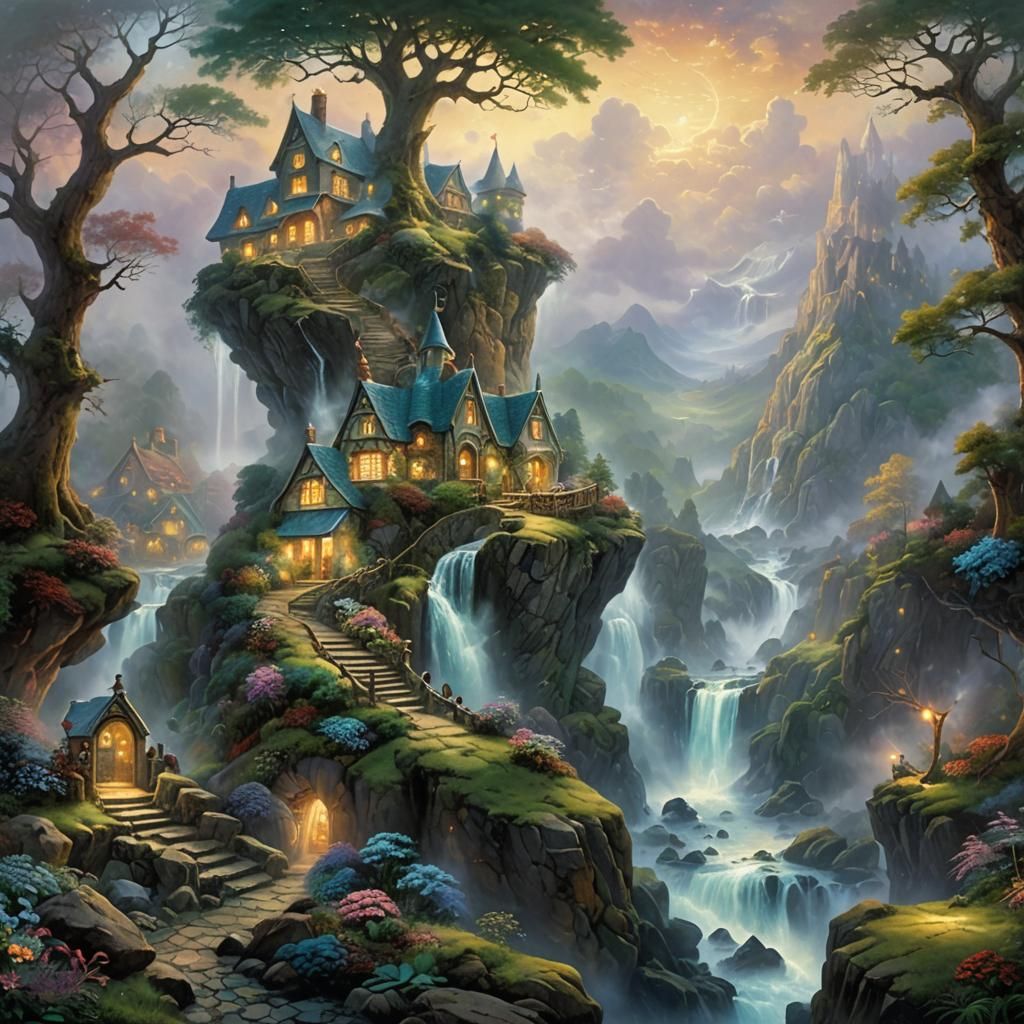Ethereal Rock Heaven Fantasy in Kinkade Style