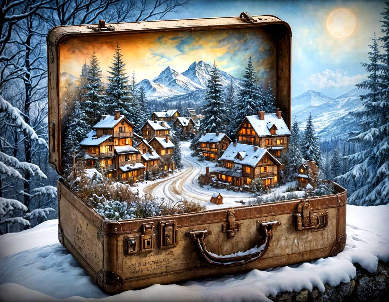 Snow-Kissed Village Enchantress Within a Vintage Suitcase