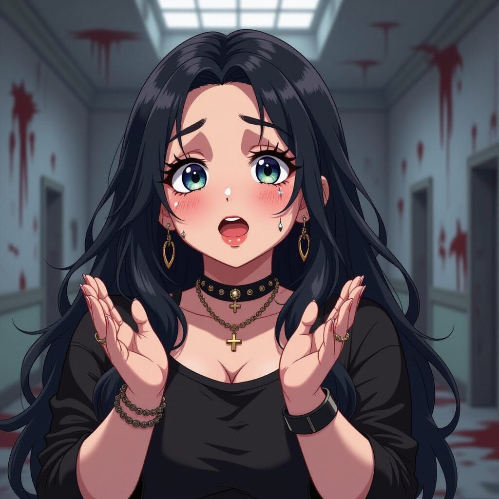 Emotional Goth Woman Crying in Abandoned Asylum, Anime Style