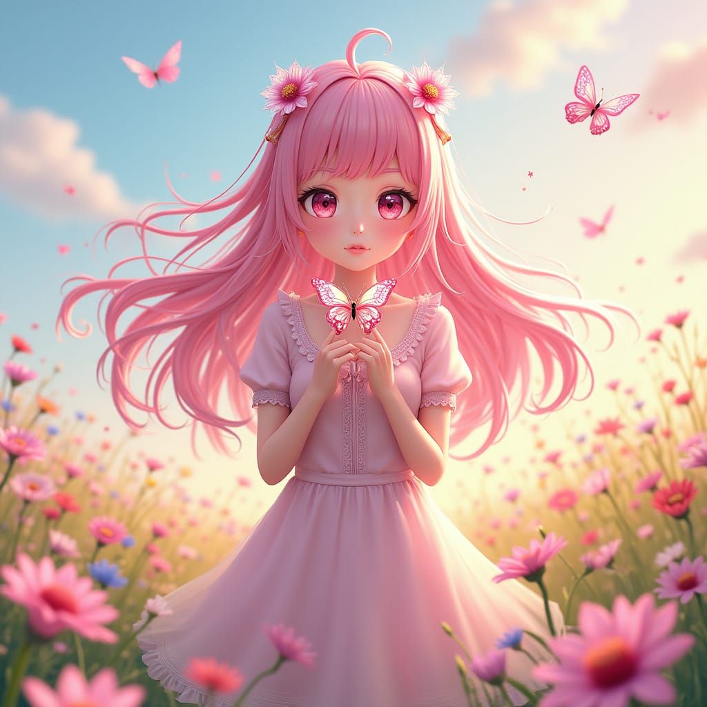 Whimsical Anime Girl in Vibrant Meadow with Cherry Blossoms ...