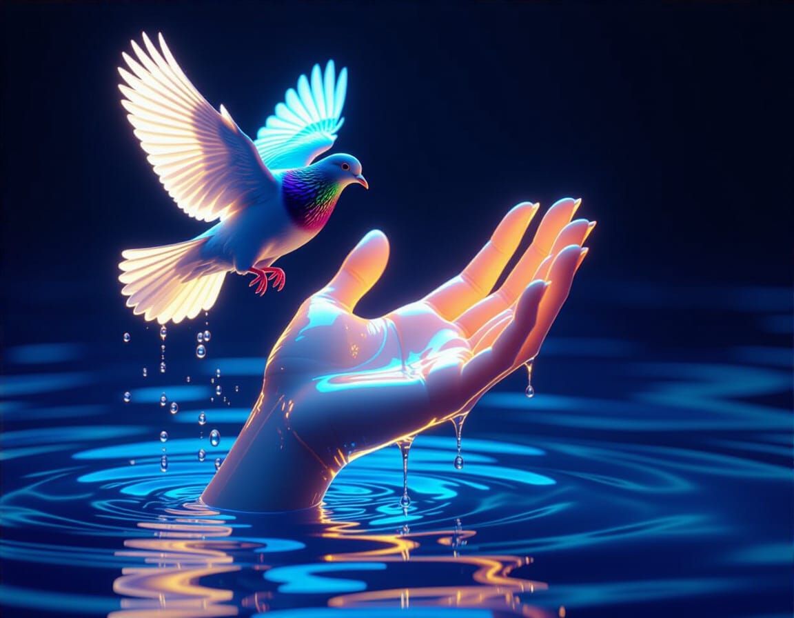 Water Hand and Pigeon in Dark Fantasy Style
