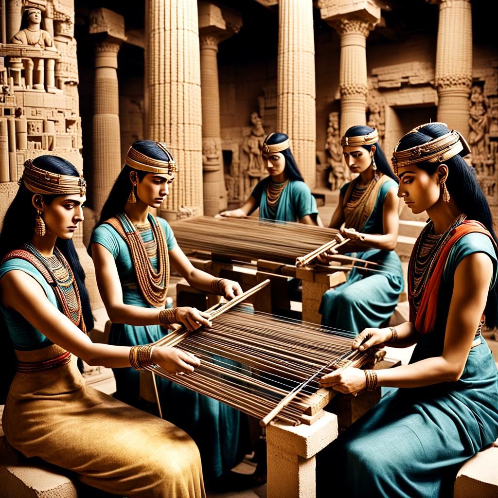 Sumerian Girls Weaving in Temple, Surreal Technicolor Portra...
