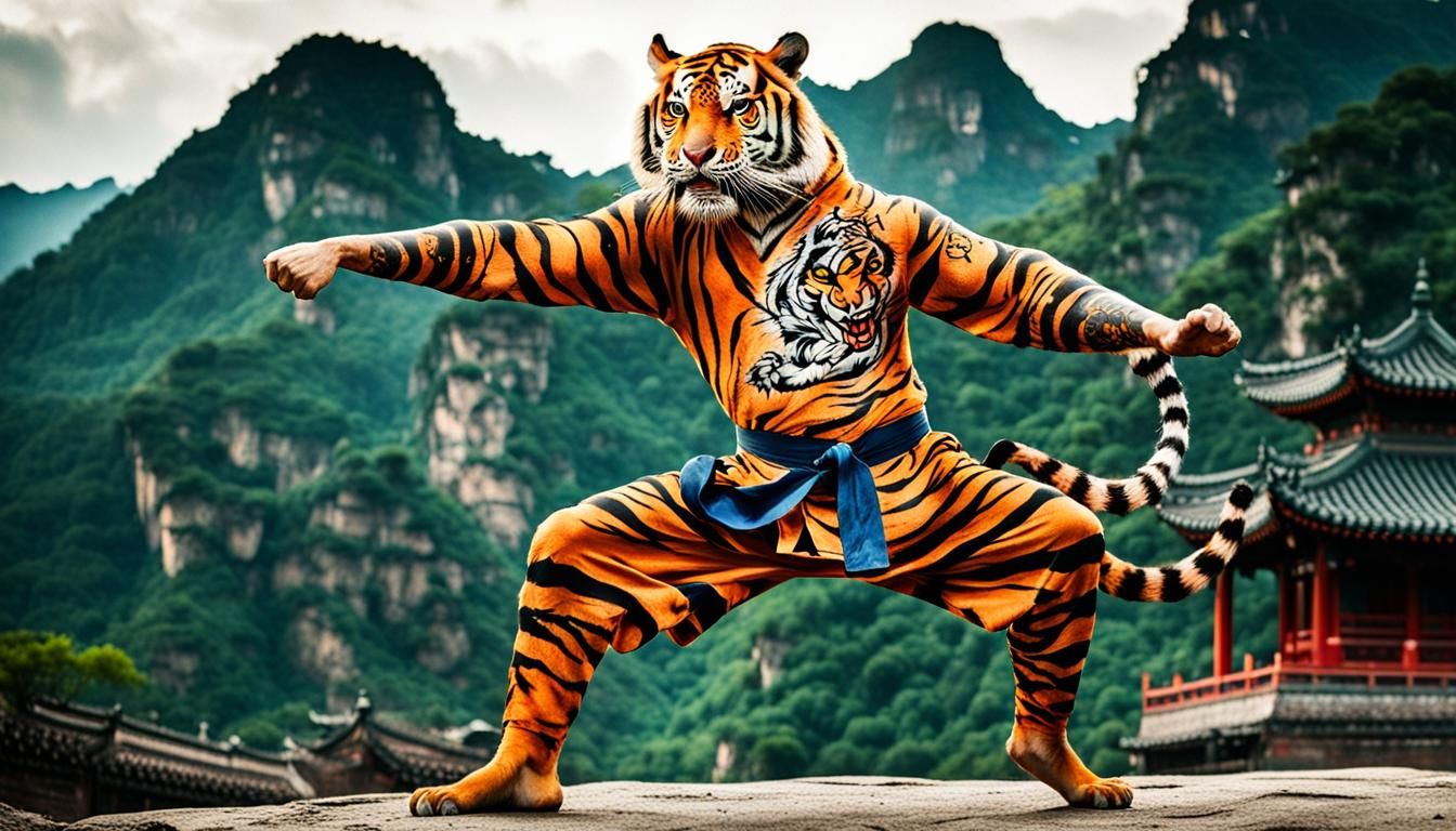 A tiger practicing a shaolin kung fu stance with beautiful tattoo ink across its body