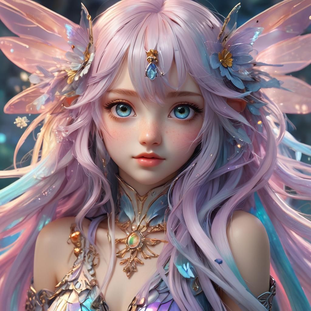 Holographic Fairy Portrait in 3D Anime Style