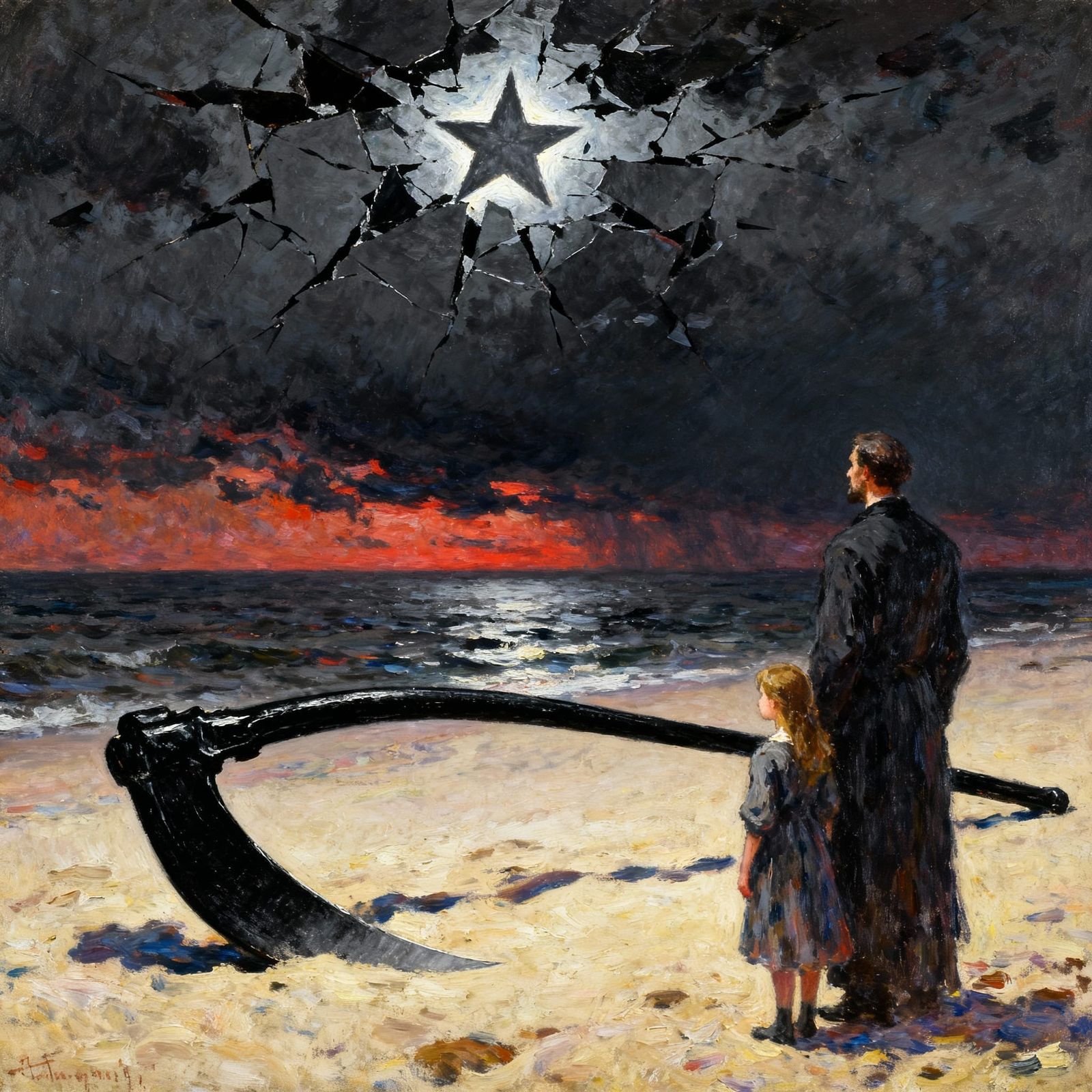 Melancholic Star Over Shattered Sky and Seashore Guardian