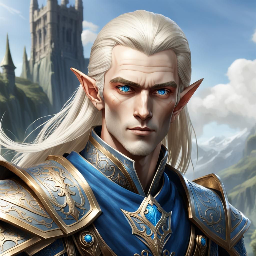 High Elf Lord Drannor Glynthyra, with white-blond hair, bronze skin, and blue eyes.