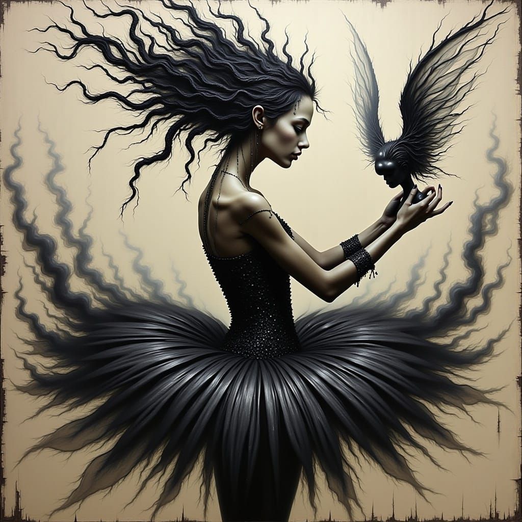 Gothic Ballerina in Dark Smoke Tutu with Wings and Shadow Se...