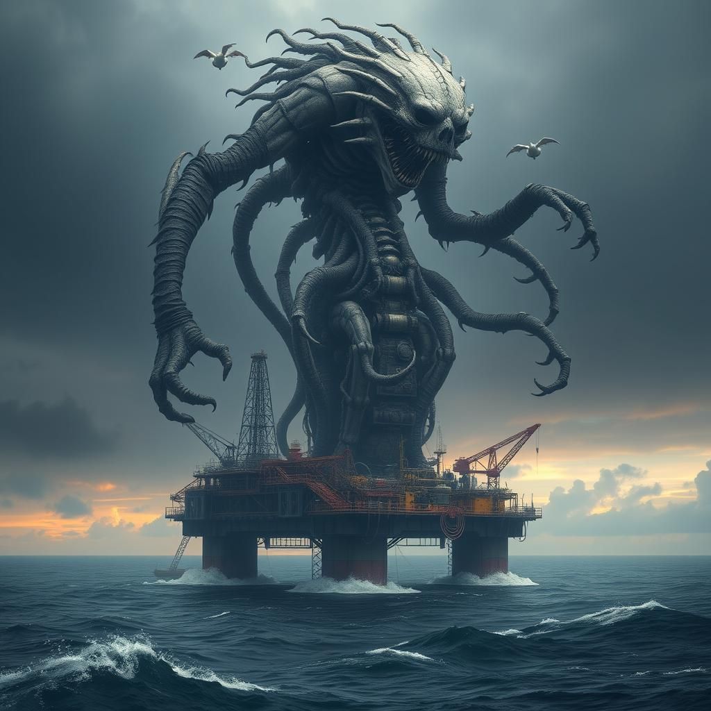Undead Biomechanical Monstrosity Over North Sea Oil Rig