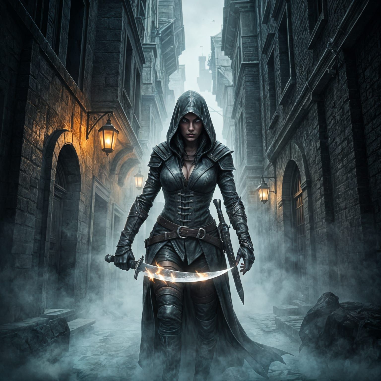Hooded Assassin in Foggy Alley: Digital Rendering