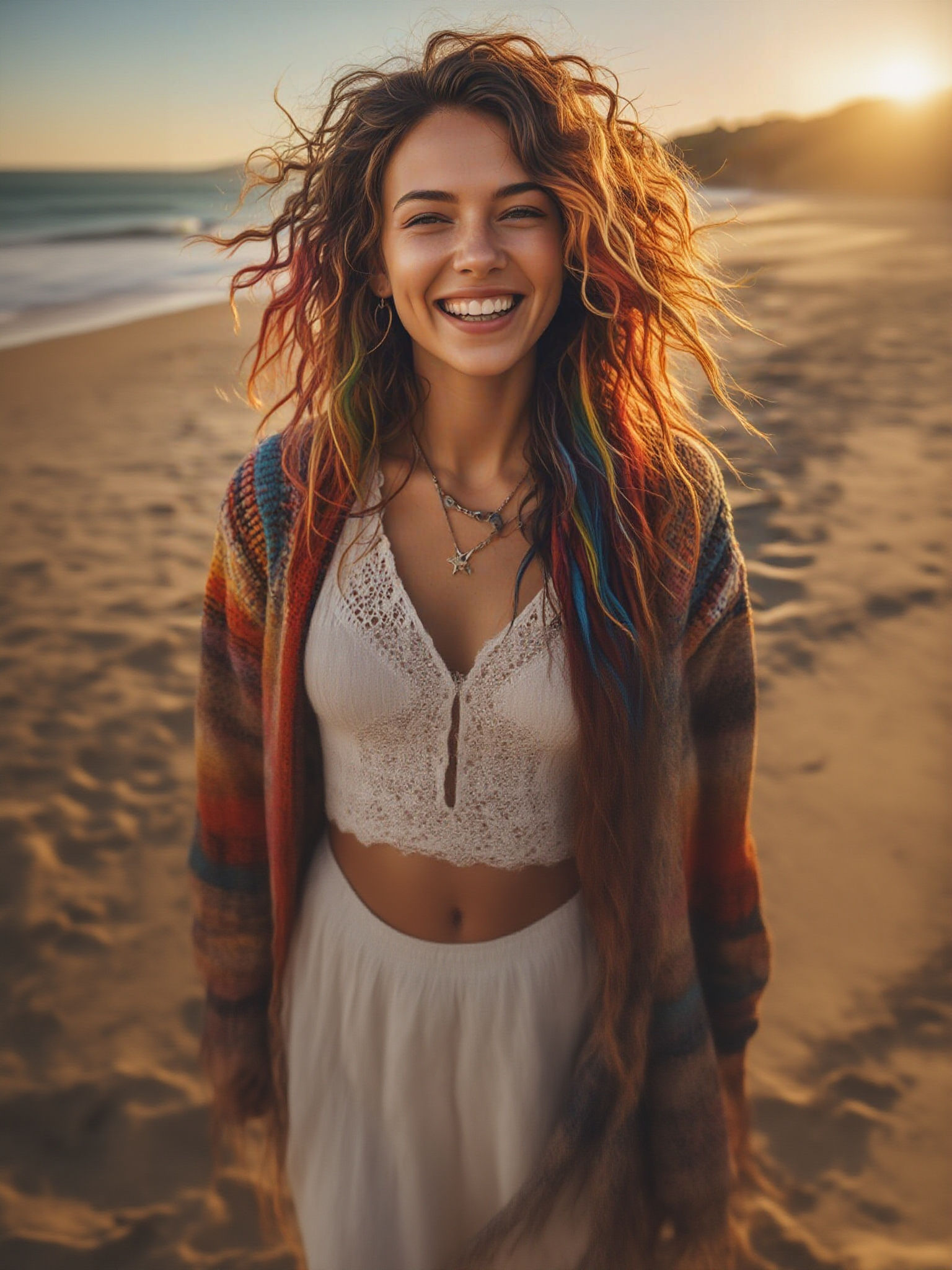 Boho Punk Woman Laughing on Tuscany Beach at Sunset