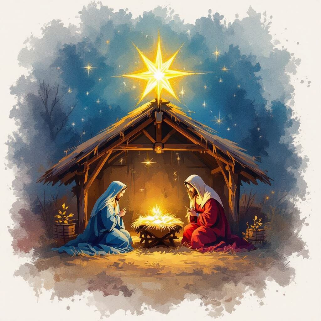 Vibrant Christmas Nativity Oil Painting with Glowing Star