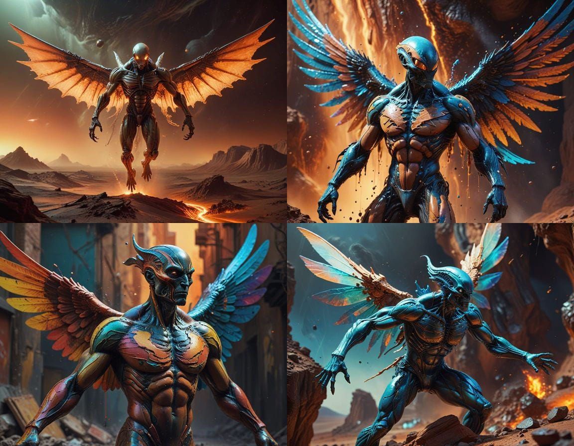 Muscular Winged Alien Flying Over Mars