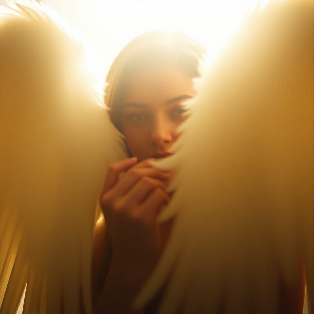 Ethereal Woman Hiding Behind Angel Wings