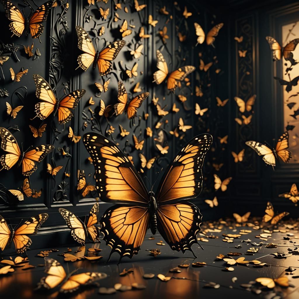Eerie Butterfly Room in Dark Fantasy 3D Rendering
