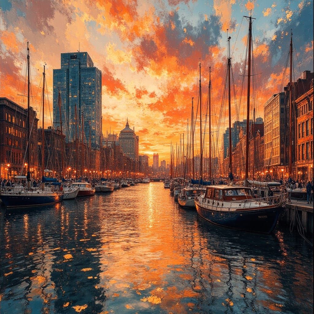 Baltimore Inner Harbor Sunset in Hyperrealistic Oil Style