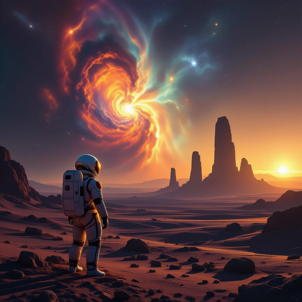 Astronaut on Alien Planet Gazes at Cosmic Nebula and Ancient...