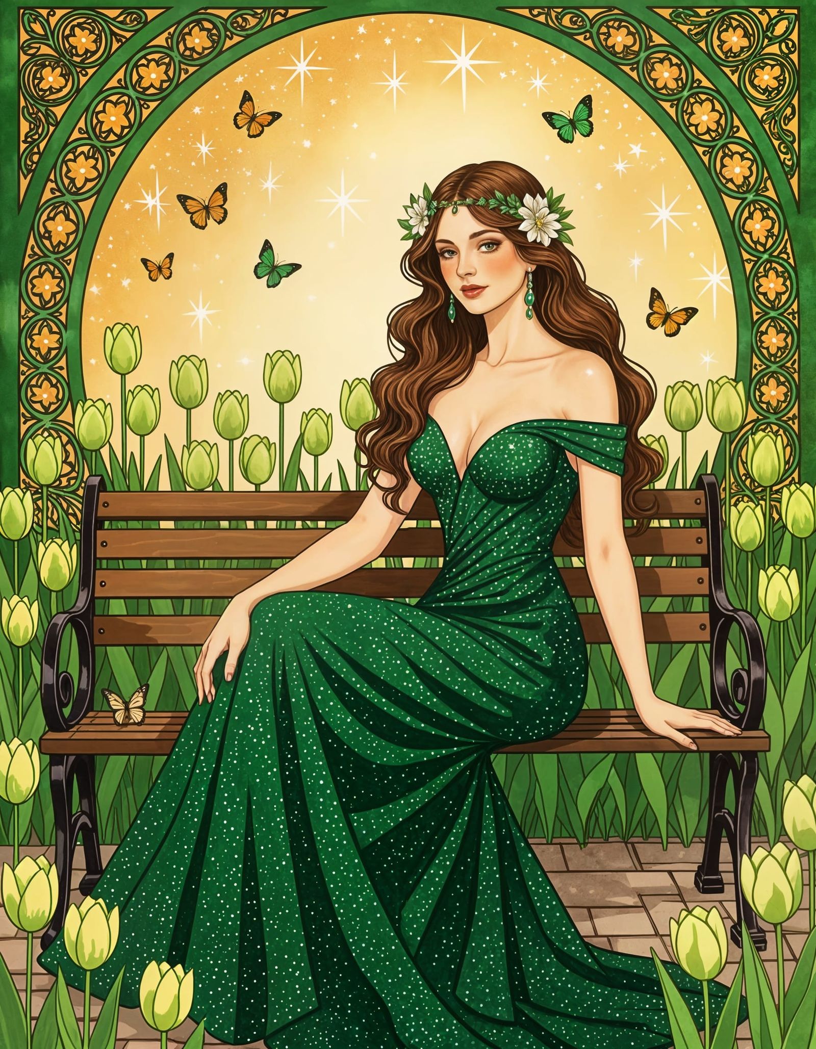 Mysterious Woman in Glittering Green Gown in Art Nouveau Gar...