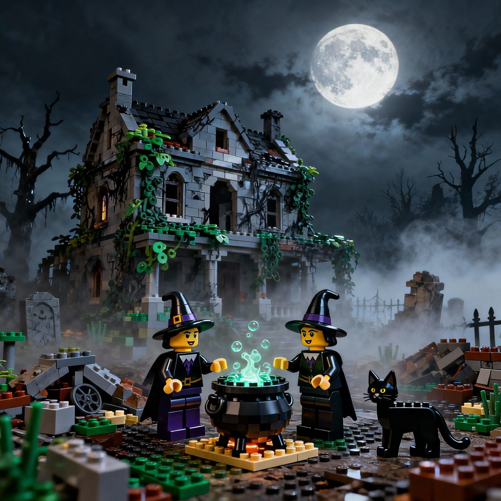 Spooky Lego Mansion Ruins with Witches and Ethereal Fog