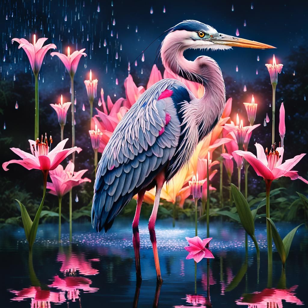 Heron in Lily Garden: Luminous Double Exposure