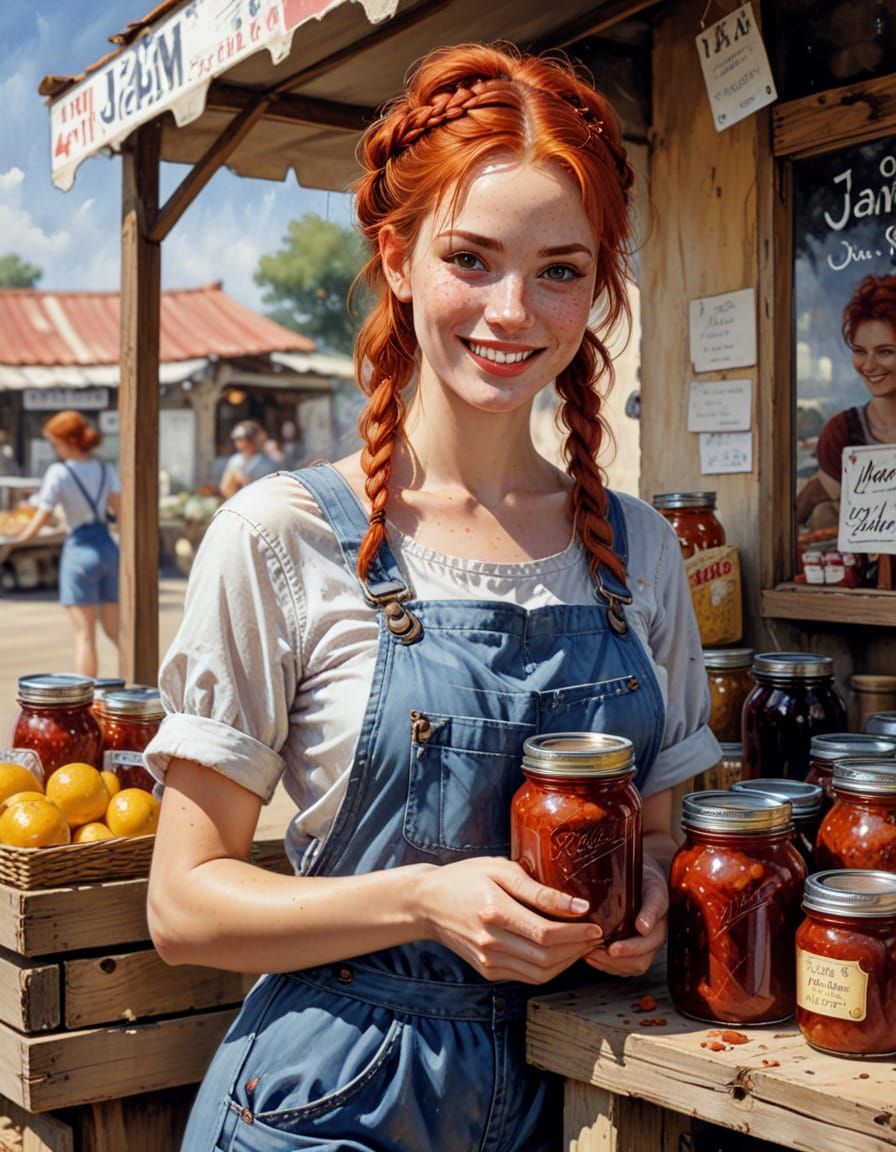 Smiling Redhead Selling Jam, Illustration Style