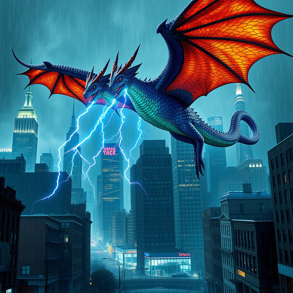 Triple-Headed Wyvern Unleashes Lightning in New York City