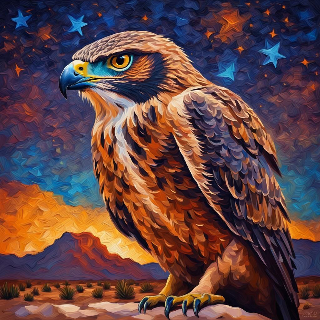 Hawk Portrait in Impasto Style on Starry Night