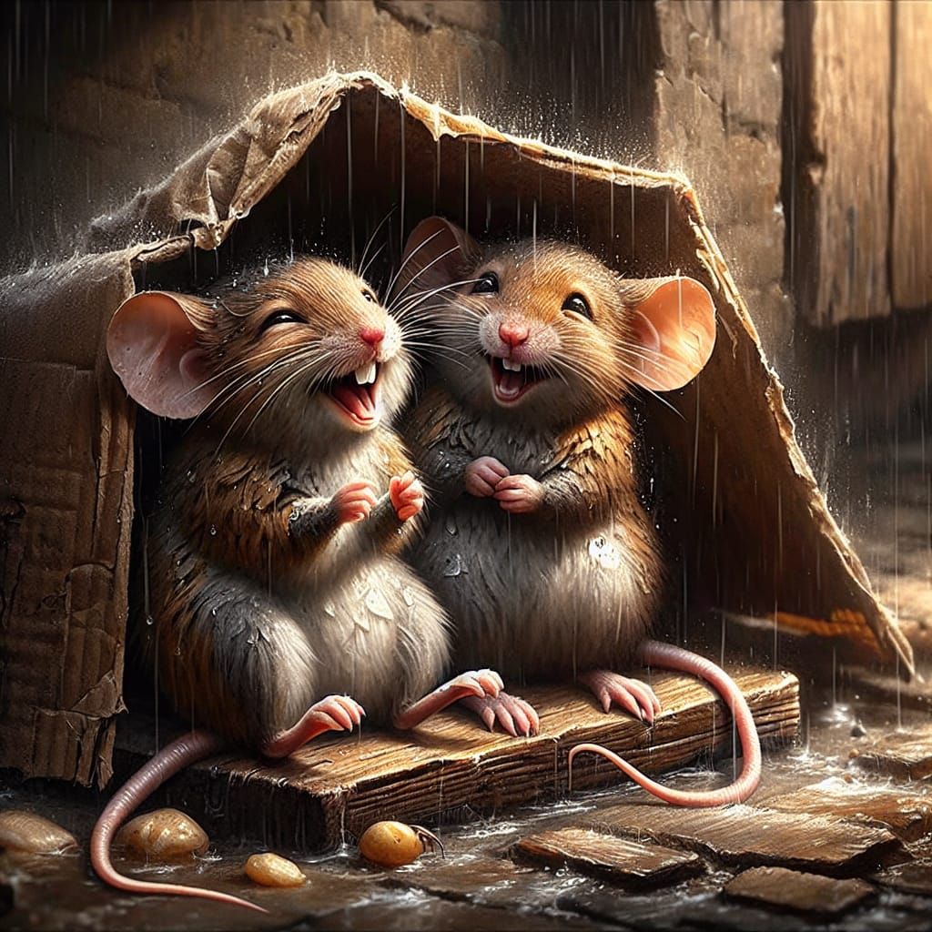 Mice Laughing in Rainy Alley: Romantic Oil Painting