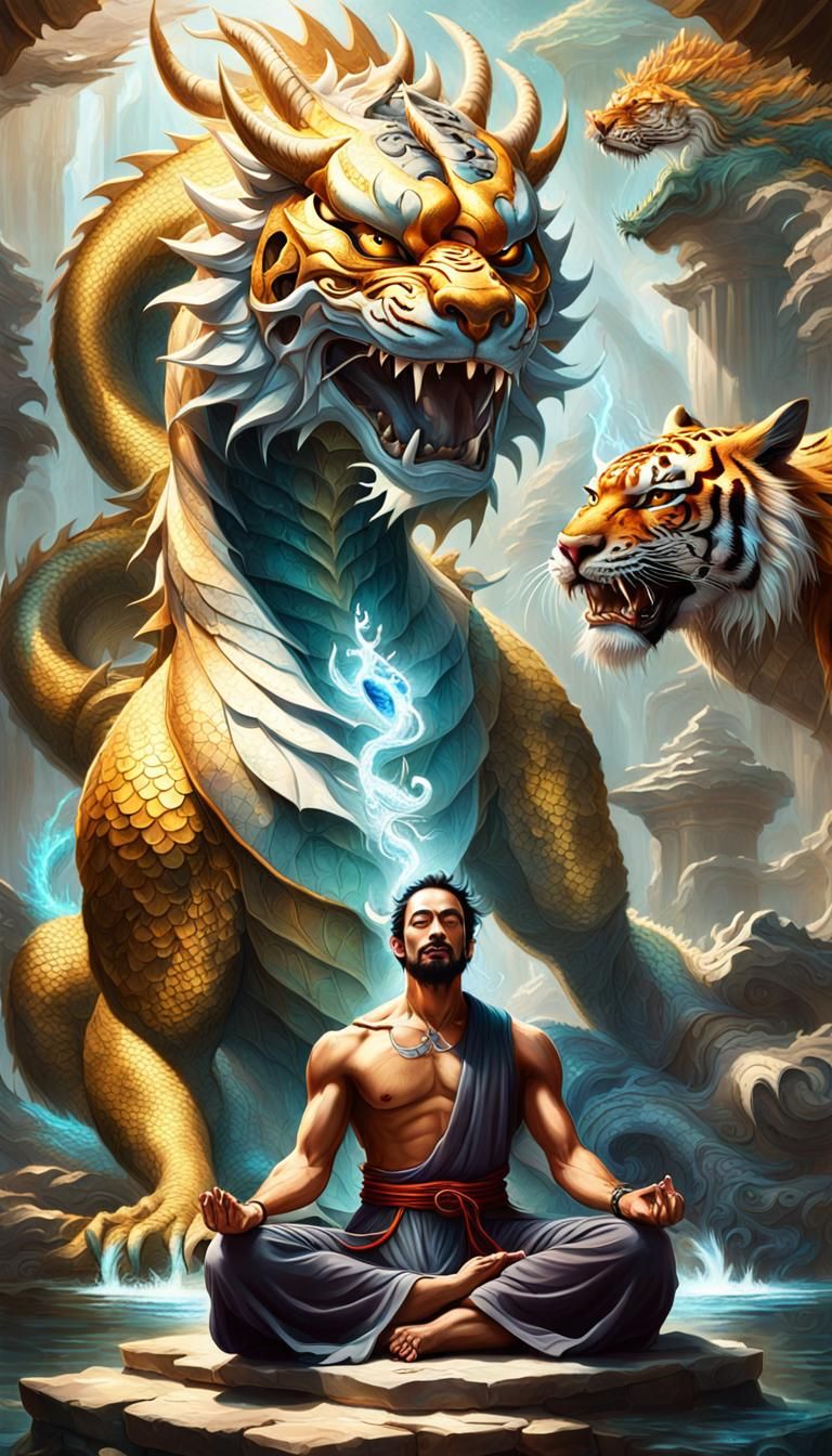 Meditating Man with Dragon and Tiger: Hyperrealistic Splash ...