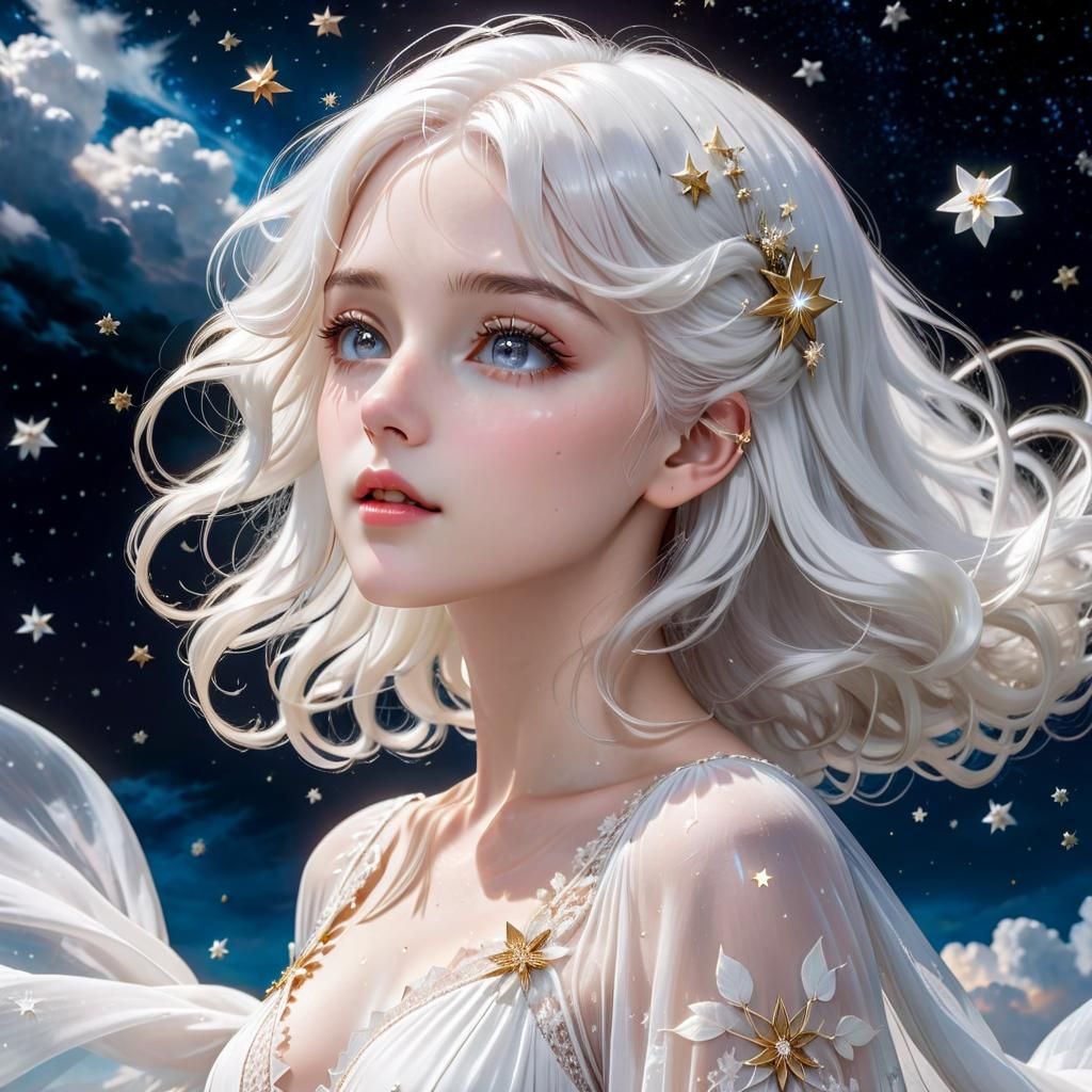 Ethereal Air Goddess in Flowing White Dress
