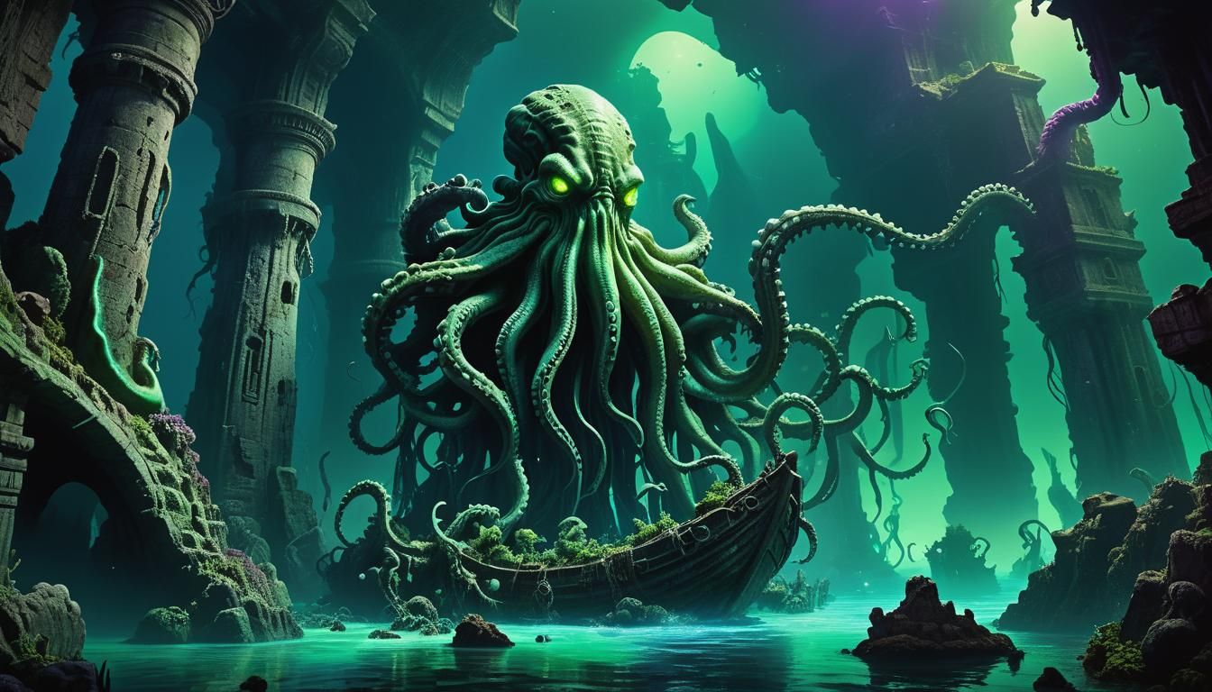 Eerie Underwater Realm with Ancient Ruins and Glowing Beasts