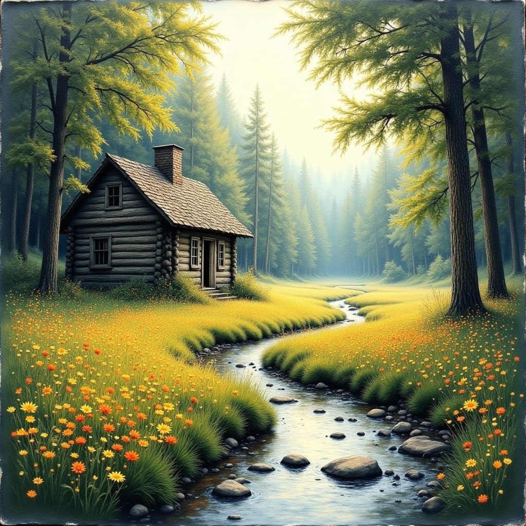 Peaceful Forest Clearing with Log Cabin and Wildflowers