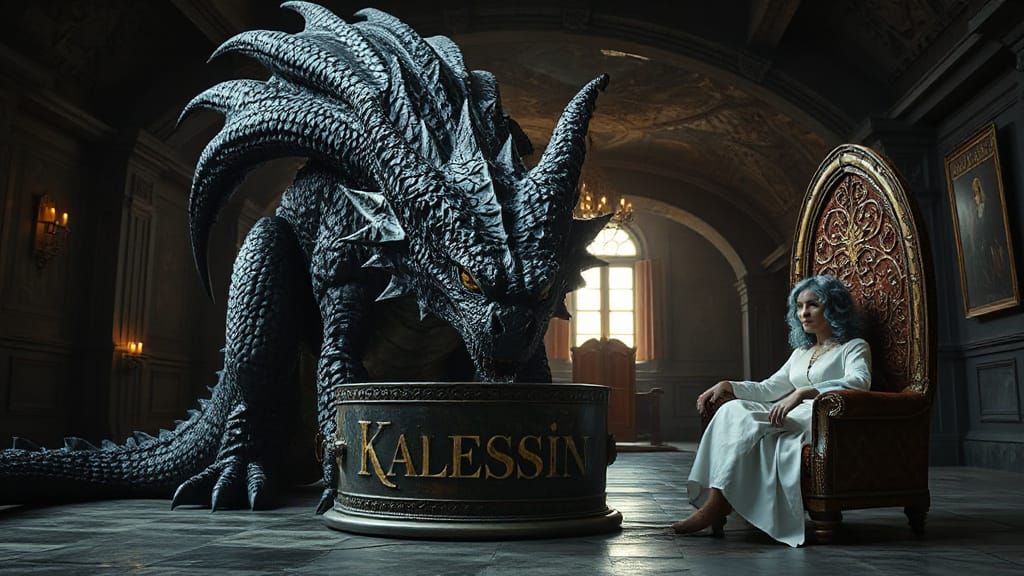 Majestic Dragon Drinks from Ancient Bowl in Hyper Realist Sc...