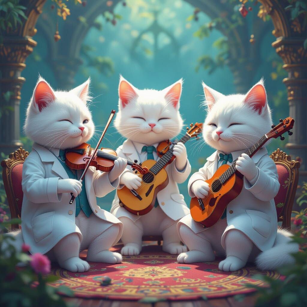 Whimsical Cats Perform in Fantasy Landscape