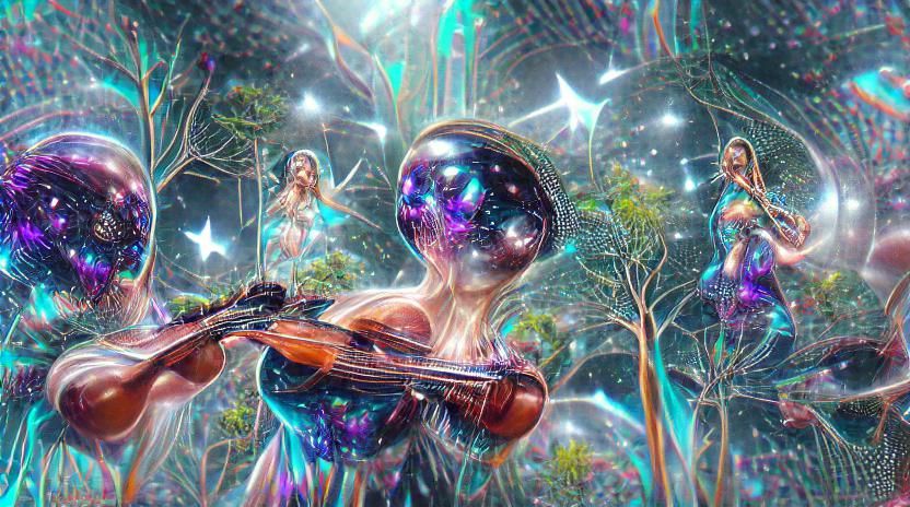 Cosmic Violin Forest with Ballerina, Holographic Illustratio...