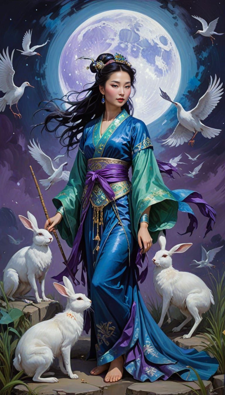 Ancient China's Moon Goddess in Expressionist Oil